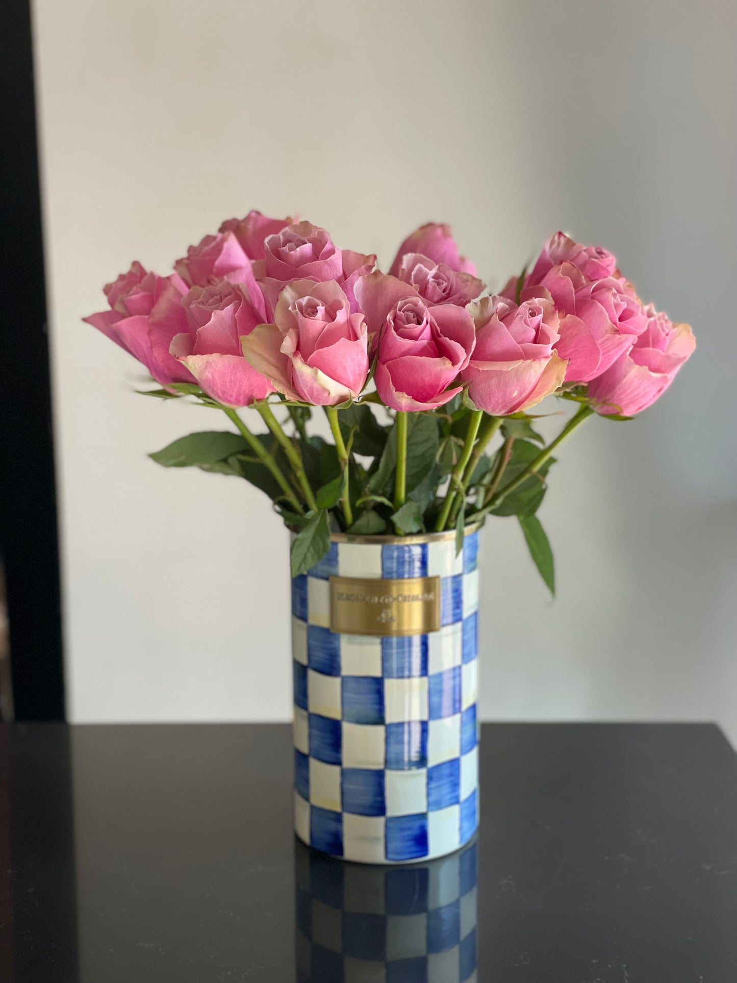MacKenzie-Childs Royal Check Utensil Holder Vase and Roses
